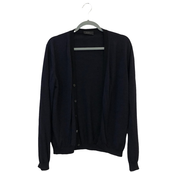 Prada Sweaters | Mens Prada Navy Blue Striped Wool Cardigan Sweater | Color: Black/Blue | Size: L | Lani98's Closet